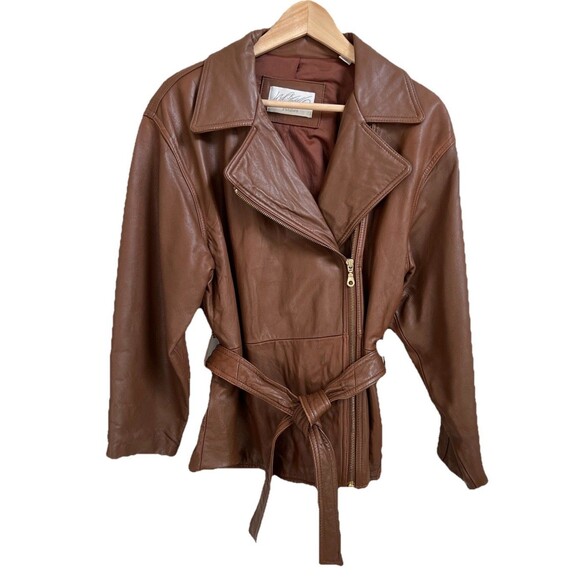 Lord & Taylor Women Leather Jacket Sz 4 Brown Zip Front Moto Blazer Coat Belted - Picture 1 of 10